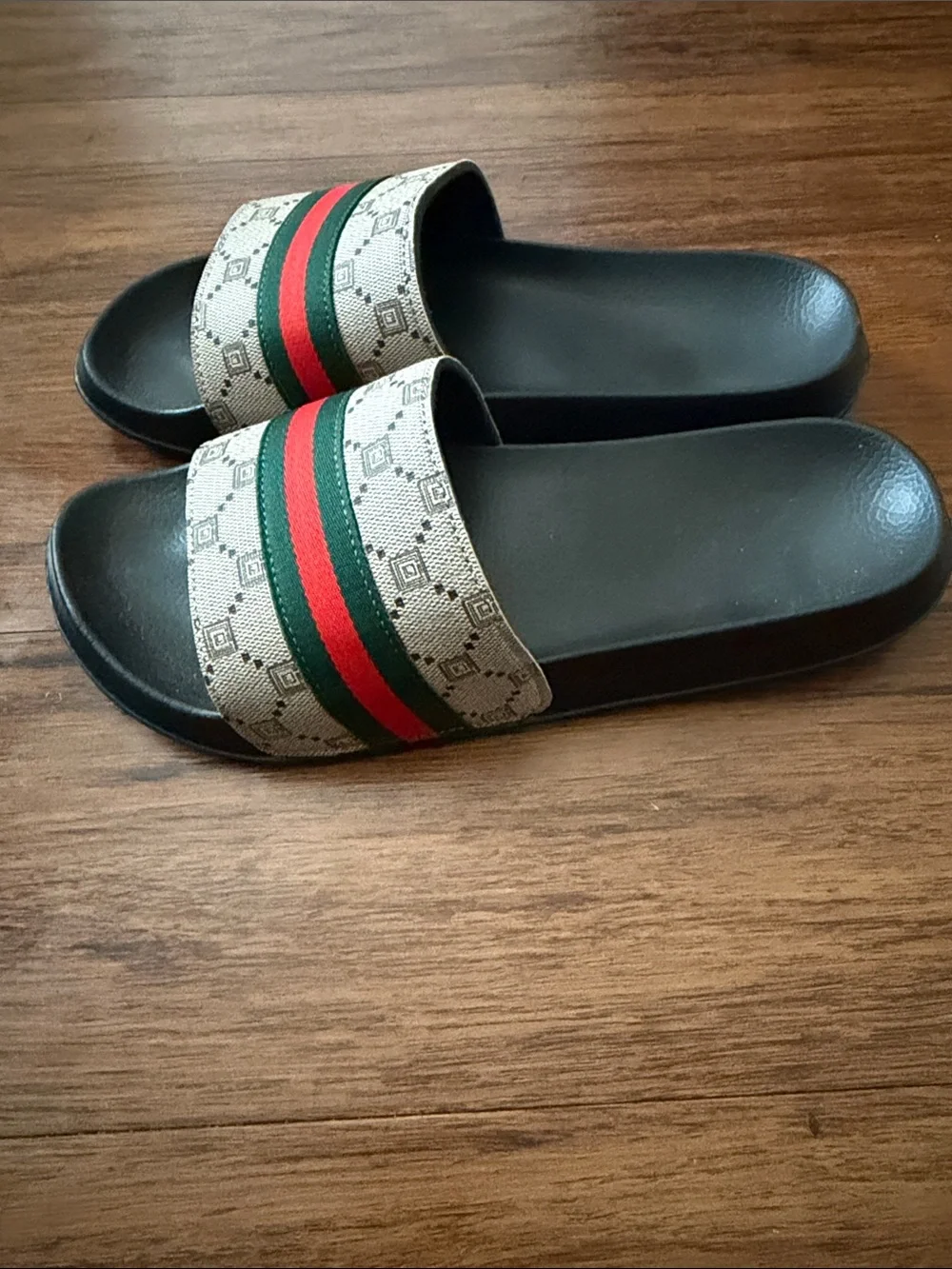 Beige Monogram Slide Sandals with Red and Green Stripe